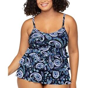 Beach Escape Woman Tankini Top Womens 20W Navy Blue Paisley Tiered Ruffle Swim
